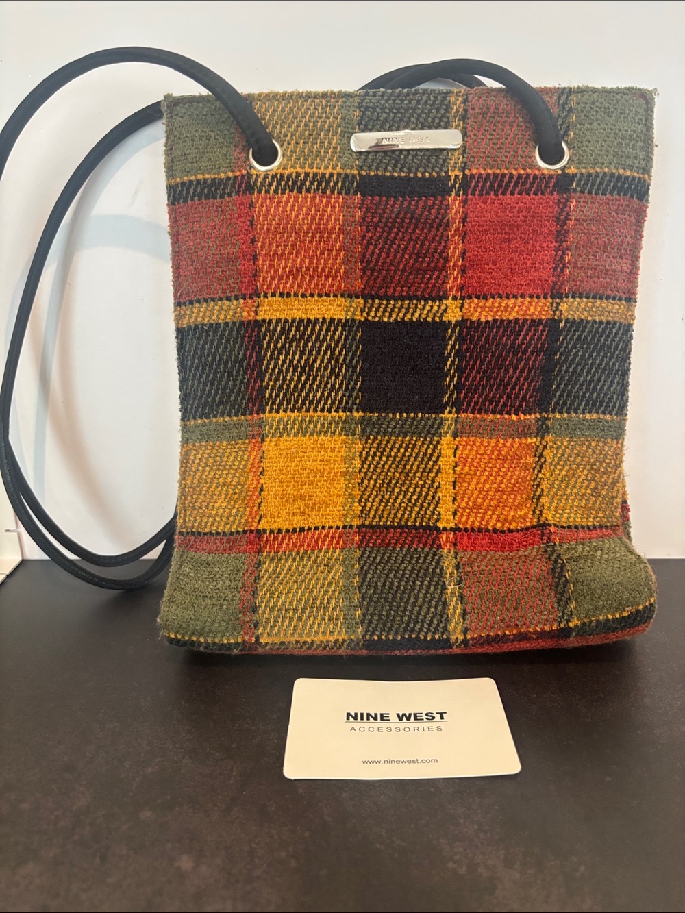 Nine West Red, Orange, Yellow & Green Plaid Crossbody Bag